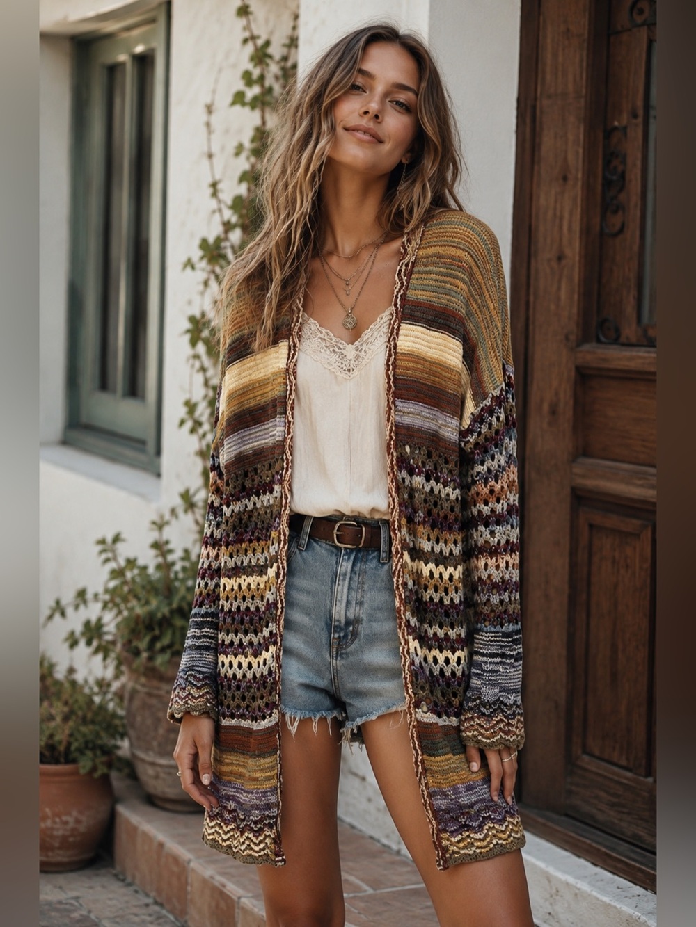 Soft Surroundings Albi crochet knit boho multicolor striped cardigan